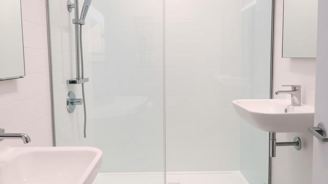 Newly fitted modern bathroom installation in Salford with vanity unit, mirror and chrome fixtures