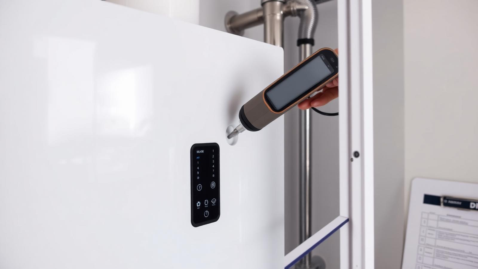 Annual boiler service being carried out by DPS heating engineer with diagnostic equipment in Manchester