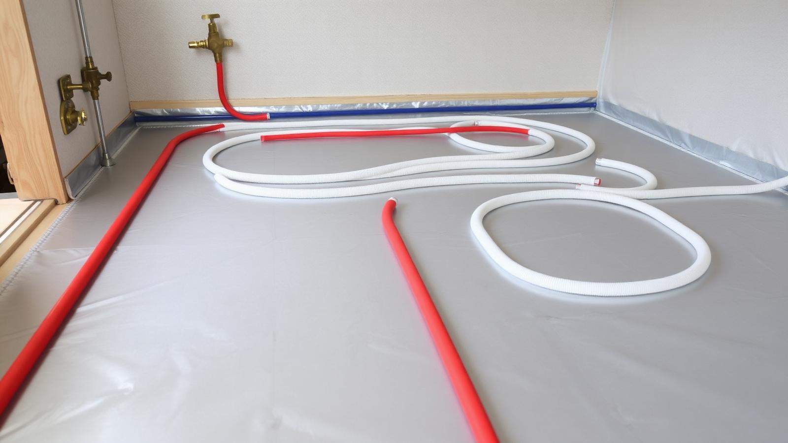 Wet underfloor heating pipework being installed across a tiled floor in a Greater Manchester bathroom