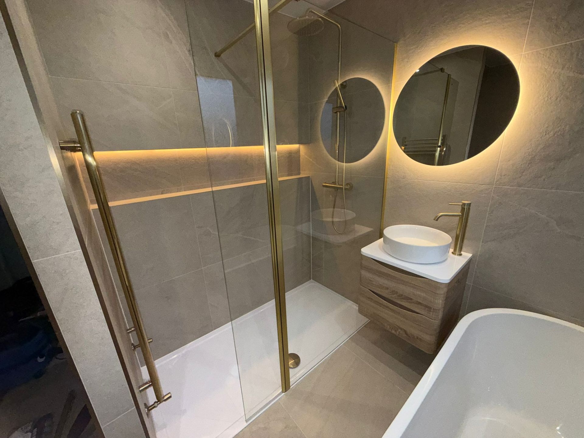Gold Frame Shower Enclosure with Vanity & Bath by DPS Plumbing & Bathrooms in Urmston, Manchester